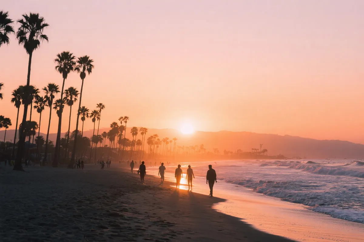 洛杉矶海滩日落，棕榈树剪影与人群散步的氛围感