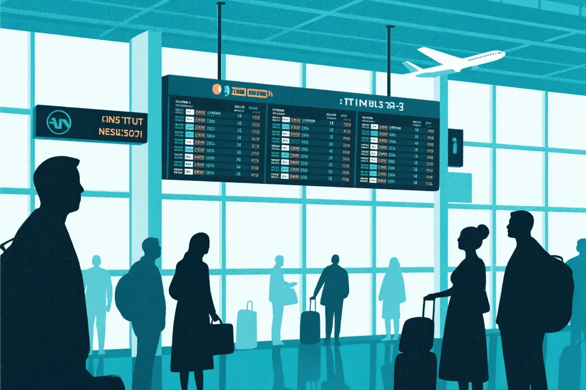 机场信息屏航班变更的抽象插画风画面，强调不确定性与应对