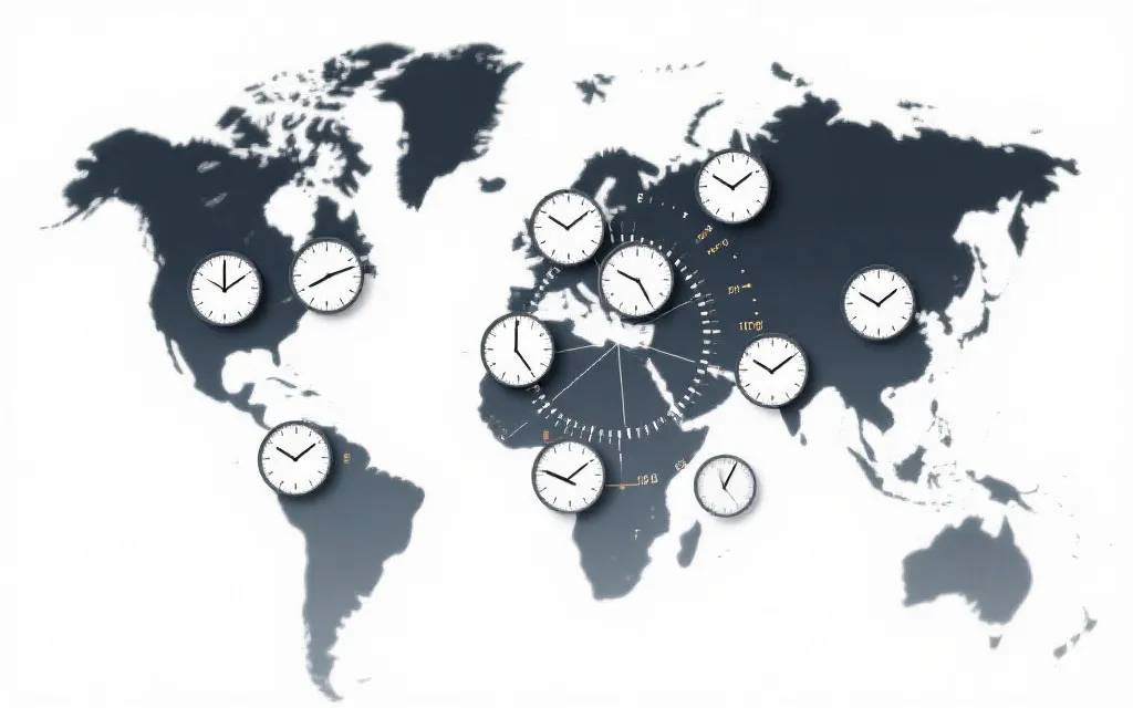 世界地图与时钟叠加的跨时区观赛概念图，简洁信息可视化风格